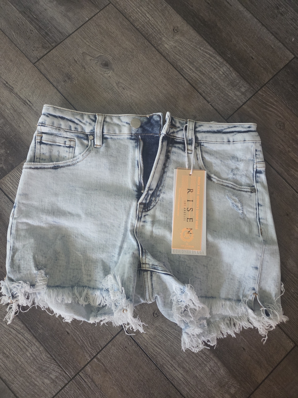 Risen Light Blue Distressed Denim Shorts with Frayed Hem